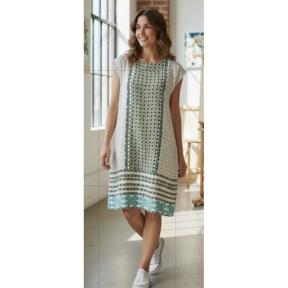 Old Navy Boho Relaxed Midi Shift Dress Aqua Gray Cap Sleeve L